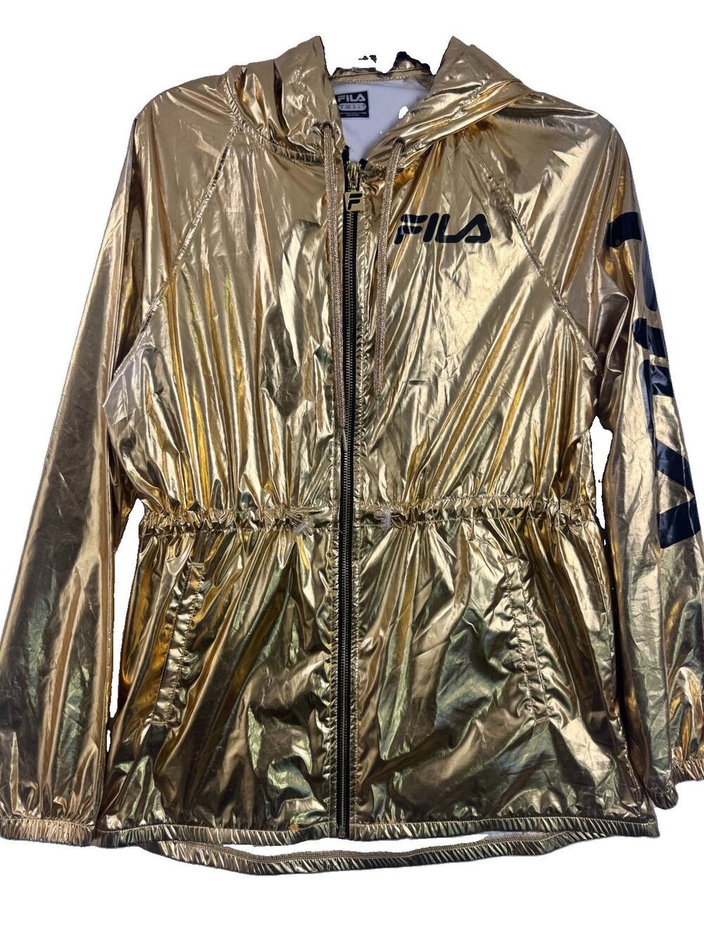 FILA Gold Metallic Hooded Windbreaker Jacket Black Full Zip Cinched Waist M
